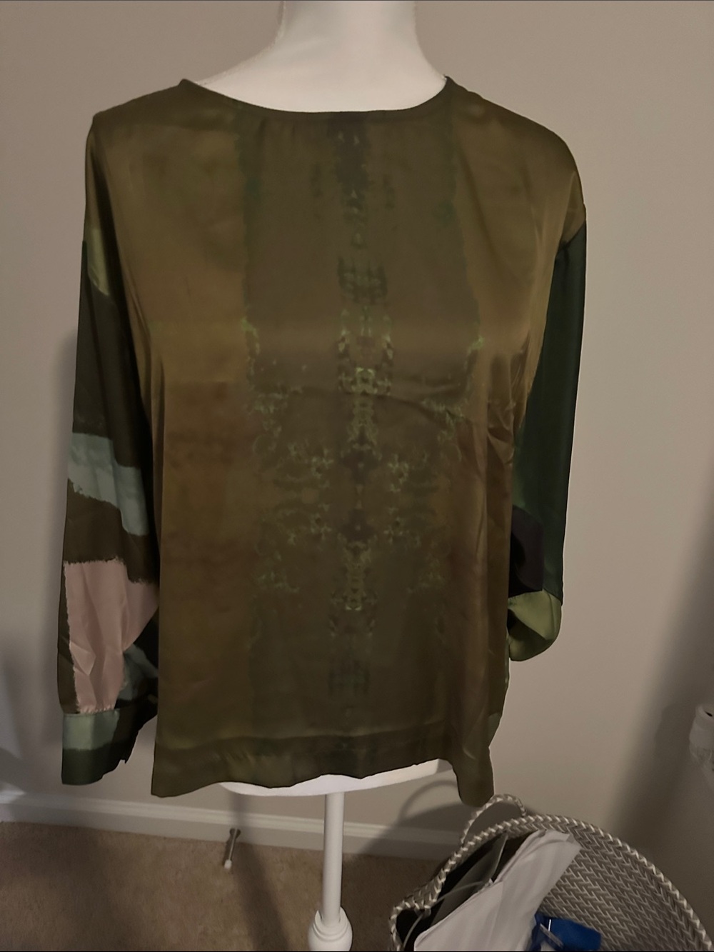 Olive Green Satin Blouse with Subtle Print